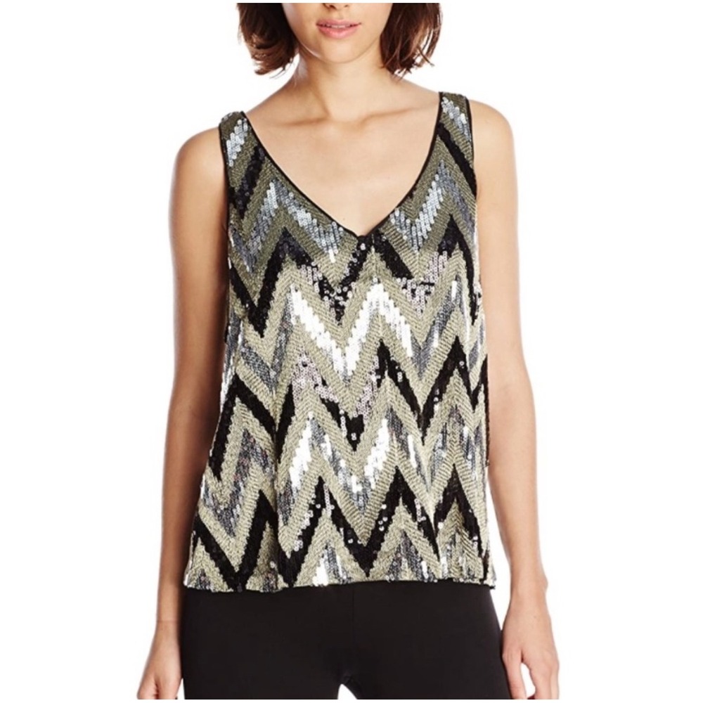 Ella Moss Sequin Zigzag Chevron V Neck Sleeveless‎ Tank Top Women M Black Silver
